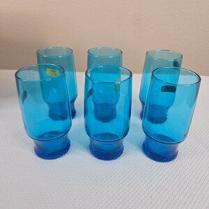 AH Laser Set Of 6 Vintage Blue Glass Tumblers 10 Oz Mid-Century Modern Design